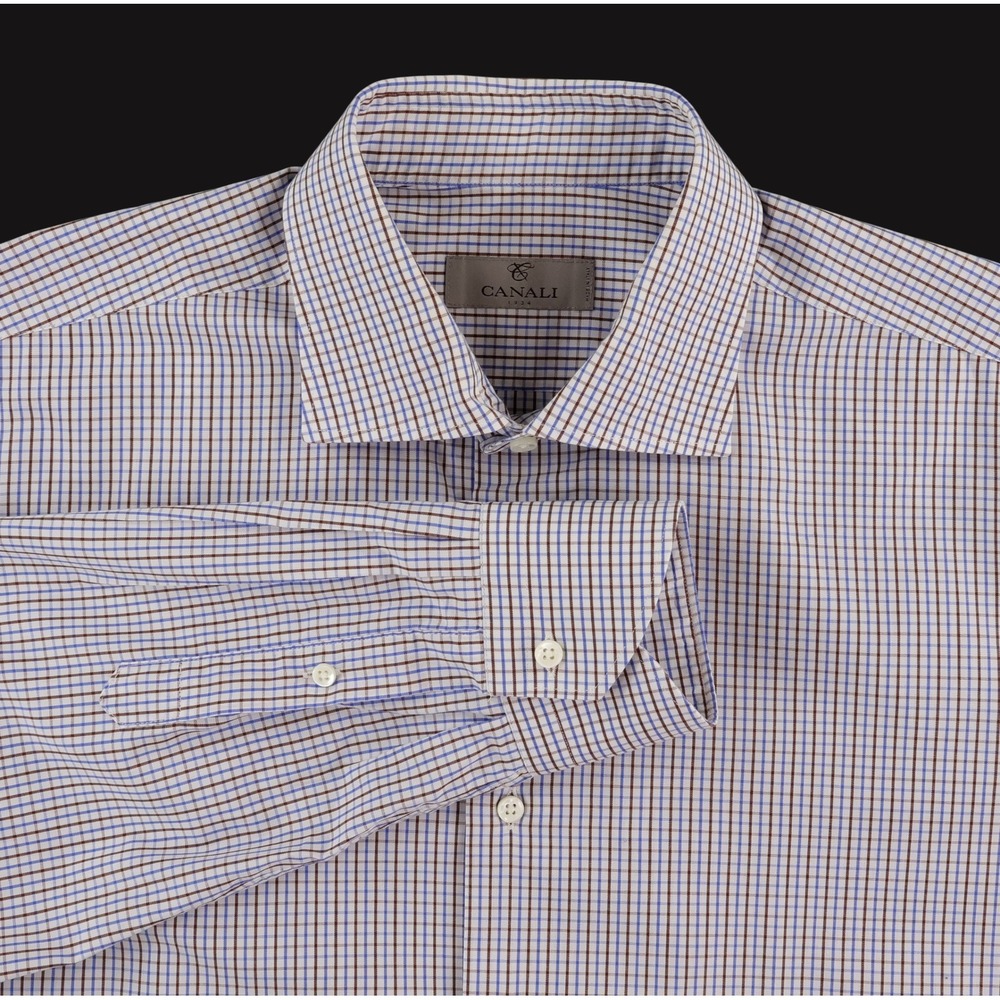Canali 1934 Button Down Shirt Men 16.5 Blue Brown Plaid Spread Collar Italy